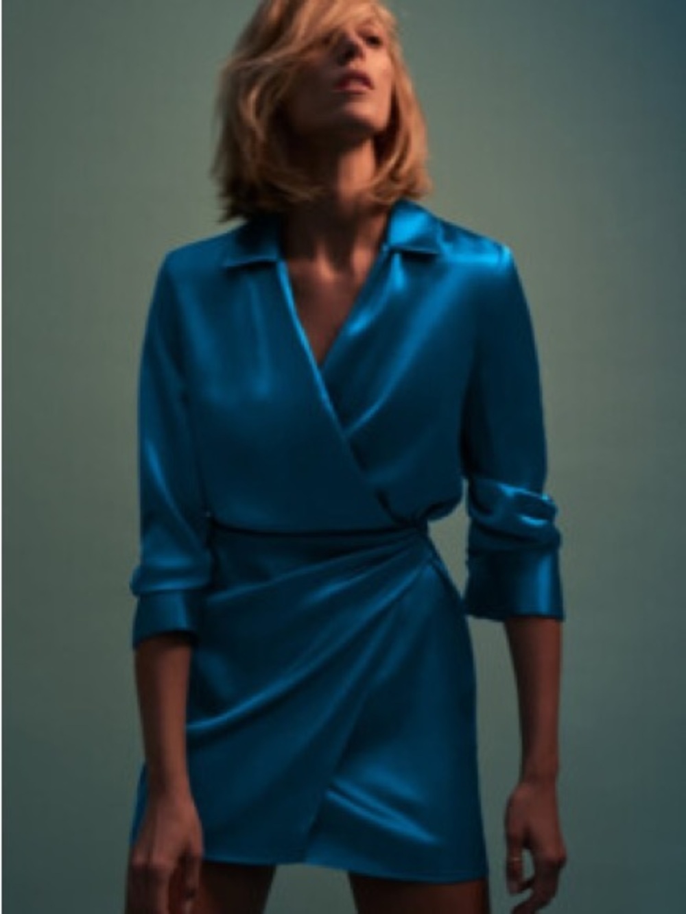 Zara Teal Satin Wrap Mini Dress